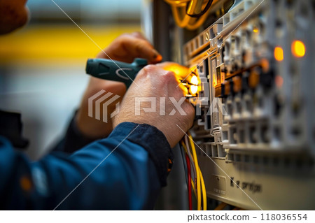 Close-up of an electrician using tools to work on a circuit breaker panel in a well-lit indoor setting. Close-up of an electrician using tools to work on a circuit breaker panel in a well-lit indoor setting. 118036554