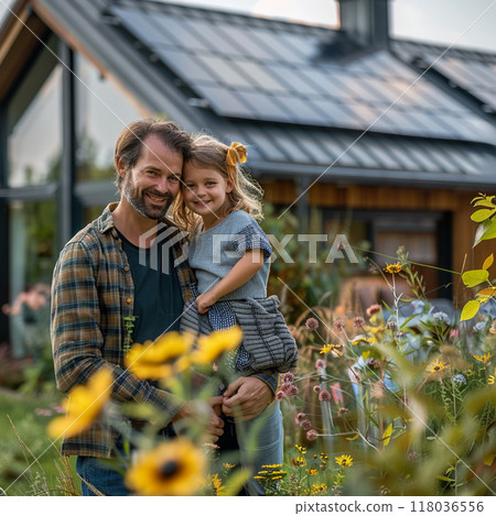 Smiling father holding his young daughter in front of a modern eco-friendly house with solar panels. Smiling father holding his young daughter in front of a modern eco-friendly house with solar panels. 118036556