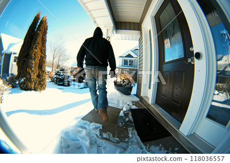 A hooded figure walking towards a house on a snowy day, seen from the back. A hooded figure walking towards a house on a snowy day, seen from the back. 118036557