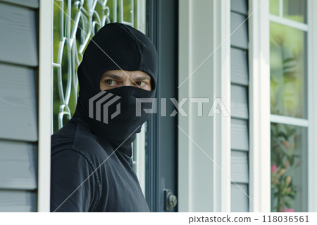 A burglar wearing a black balaclava cautiously looking out from a doorway, in a residential setting. A burglar wearing a black balaclava cautiously looking out from a doorway, in a residential setting. 118036561