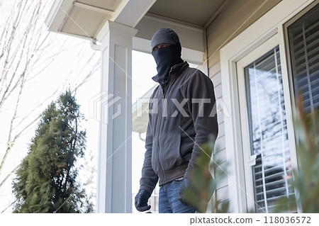 A masked man standing on a porch in daylight, wearing a gray jacket and gloves. 118036572