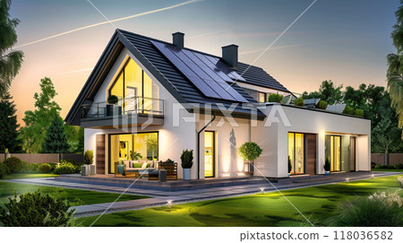 A modern eco-friendly house with solar panels on the roof, illuminated by the soft glow of sunset. 118036582