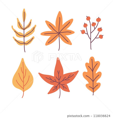 Autumn leaves set, cute hand drawn seasonal objects. Vector illustration in flat style 118036624