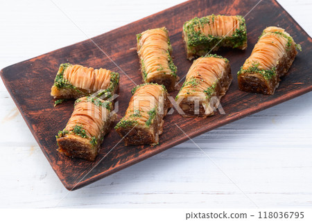 Traditional Turkish dessert baklava with walnut 118036795