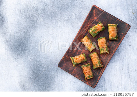 Traditional Turkish dessert baklava with walnut 118036797