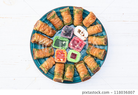 Turkish delight candy with arabic baklava . Rahat lokum photography Turkish delight candy with arabic baklava . Rahat lokum photography 118036807