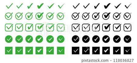 Set of green and black check mark flat icon. Silhouette of tick mark in various shapes. Vector Set of green and black check mark flat icon. Silhouette of tick mark in various shapes. Vector 118036827
