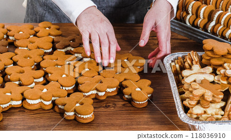 Crafting gingerbread cookie sandwiches with eggnog buttercream, presented on a rustic wooden table for Christmas gifting. 118036910