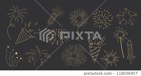 Set gold fireworks, firecrackers golden burst, rays festive doodle sparkle lights isolated on dark background.Celebration, Party Icon, Anniversary, New Year Eve, independence 118036957