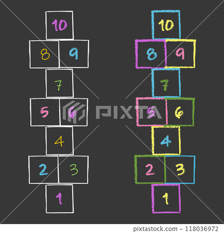 Hopscotch chalk doodle drawing, street Jumping game kids activity. Hop scotch with numbers. Summer outdoor fun.  118036972