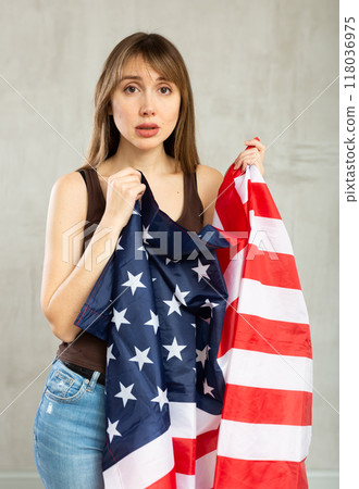 Female fan of USA team are upset by oss of their favorite team and express emotions Female fan of USA team are upset by oss of their favorite team and express emotions 118036975
