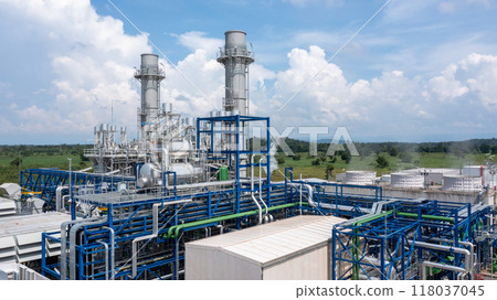 Aerial view power station plant, High voltage substation electrical power plant factory energy, Electric power station with high voltage for industry factory. 118037045
