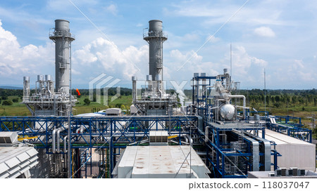 Aerial view power station plant, High voltage substation electrical power plant factory energy, Electric power station with high voltage for industry factory. 118037047