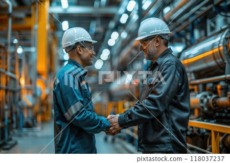 Two happy engineers in hard hats shaking hands in a factory setting 118037237