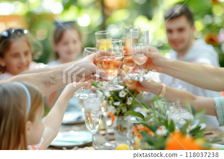 Happy friends toasting with glasses of lemonade in the garden during summer barbecue party 118037238