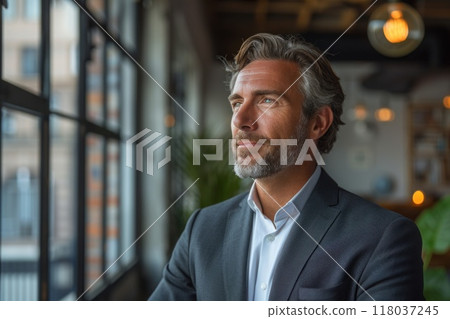Businessman looking out the window thoughtfully with hand on chin Businessman looking out the window thoughtfully with hand on chin 118037245
