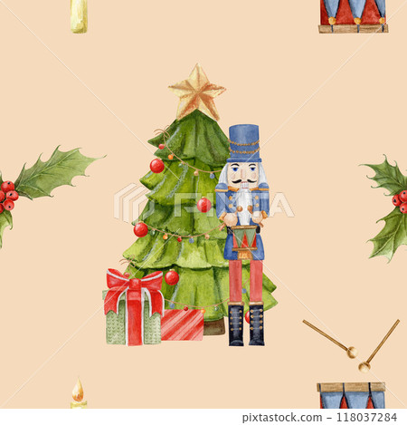 watercolor seamless pattern with decorated Christmas tree, gifts and nutcracker with drum, holly tree, candle on beige background 118037284