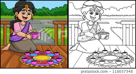 Diwali Girl Holding a Diyas Coloring Illustration Diwali Girl Holding a Diyas Coloring Illustration 118037348