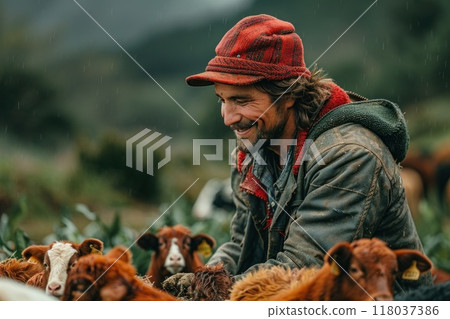 Cheerful male farmer checking on his herd of goats on a lush green pasture on a foggy day 118037386