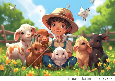 Little farmer boy with baby animals in the countryside on a beautiful day 118037387
