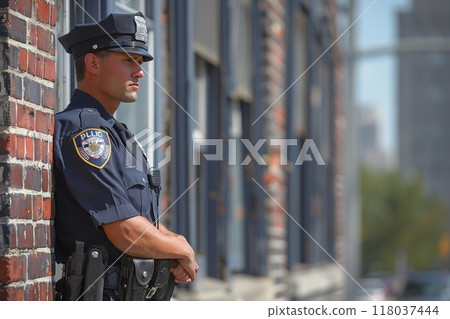 Vigilant Law Enforcement Officer on Patrol Duty in Urban Cityscape 118037444