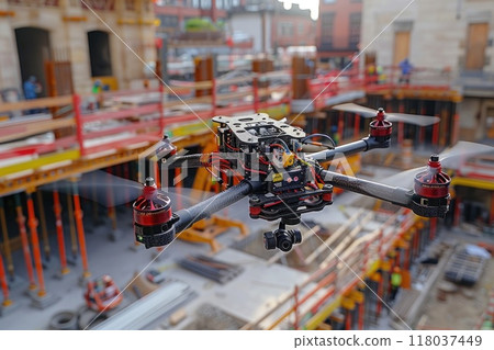 Aerial view of a black and red drone capturing construction progress at the site 118037449