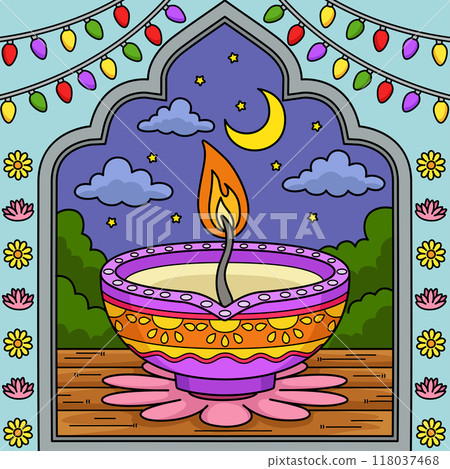 Diwali Diyas Colored Cartoon Illustration 118037468