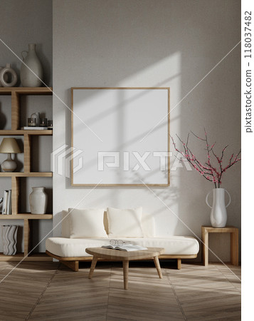 Modern 3D Render of Minimalist Interior with Wooden Frame, Cozy Sofa, and Elegant Decor Elements Modern 3D Render of Minimalist Interior with Wooden Frame, Cozy Sofa, and Elegant Decor Elements 118037482