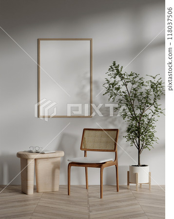 Minimalist 3D Render of Modern Interior with Wooden Chair, Plant, and Blank Frame on Light Wall Minimalist 3D Render of Modern Interior with Wooden Chair, Plant, and Blank Frame on Light Wall 118037506