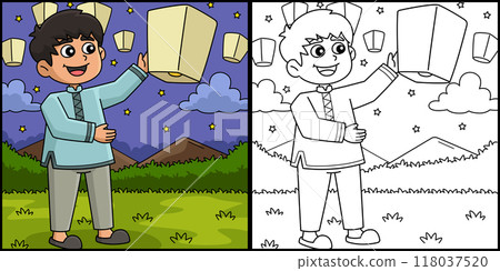 Diwali Child with Lantern Coloring Illustration Diwali Child with Lantern Coloring Illustration 118037520