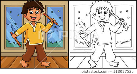 Diwali Festival Boy Dancing Sticks Illustration Diwali Festival Boy Dancing Sticks Illustration 118037523