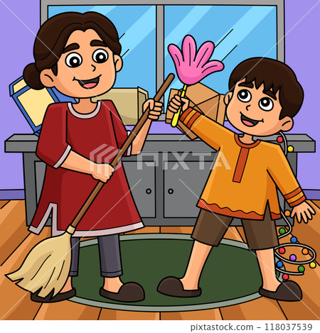 Diwali Festival Cleaning the House Colored Cartoon 118037539