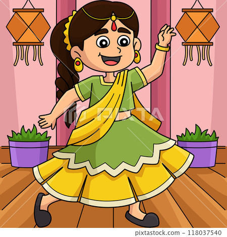 Diwali Festival Girl Dancing Colored Cartoon  118037540