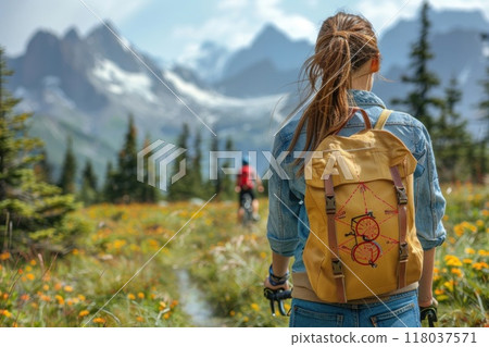 Woman standing in a lush green field of flowers looking at a mountain range 118037571