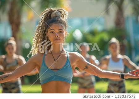 Morning Yoga on Beach, Woman Practicing Yoga at Sunrise, Healthy Lifestyle and Relaxation. 118037572
