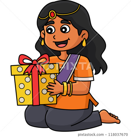 Diwali Girl Holding Gift Cartoon Colored Clipart  118037670