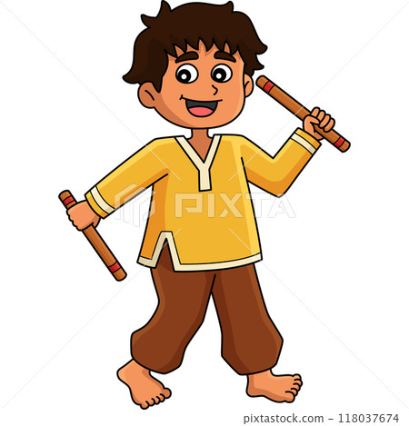 Diwali Festival Boy Dancing with Sticks Clipart 118037674