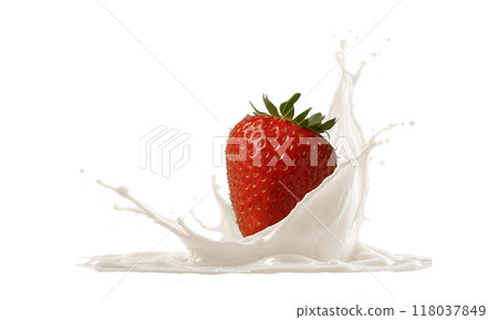 Strawberry in cream splash on black background 118037849