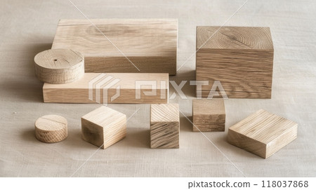 Assorted Wooden Geometric Blocks on Neutral Background 118037868