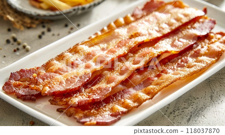 Crispy Fried Bacon Strips on Elegant White Plate 118037870