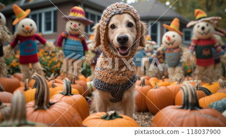 Adorable Dog Wearing Sweater Among Autumn Pumpkins and Scarecrows 118037900