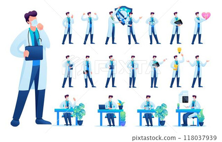 Set of Man doctor. Presentation in various in various poses and actions. 2D Flat character vector illustration N7 118037939