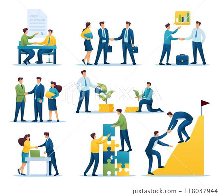Set of concepts business characters, signing a contract, business transaction, achieving a goal 118037944