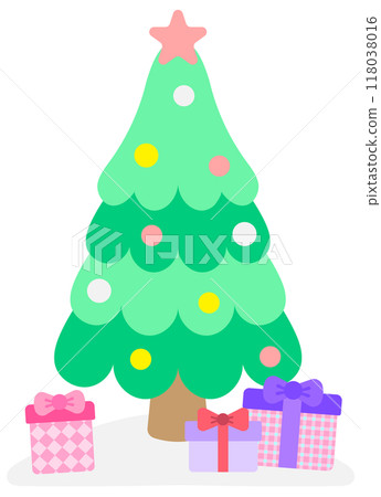 Kids hand drawn cute Christmas tree with pile of gift boxes 118038016