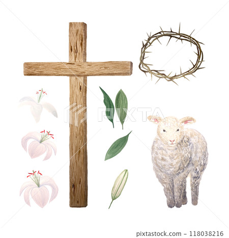 Wooden cross, lamb, crown of thorns, lily watercolor set isolated on white. Illustration perfect for cards, stickers, Easter, Passover, Holy Thursday, christening baptism, wedding church decor design Wooden cross, lamb, crown of thorns, lily watercolor set isolated on white. Illustration perfect for cards, stickers, Easter, Passover, Holy Thursday, christening baptism, wedding church decor design 118038216