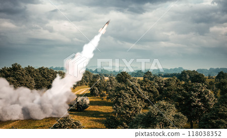 Launch of ballistic missiles. HIMARS rockets are launched from a mobile launcher Launch of ballistic missiles. HIMARS rockets are launched from a mobile launcher 118038352