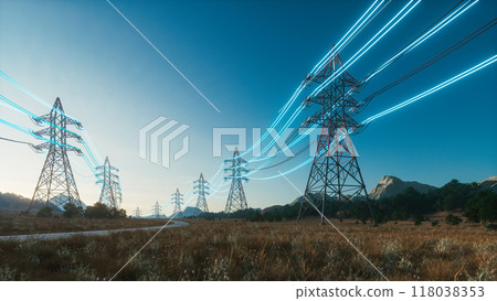 Power Transmission Lines. Clean Ecological Environment. High voltage steel power pylons in field. Transmission of electricity through high-voltage wires 118038353
