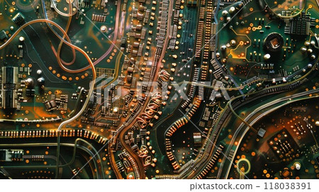 A birds eye view of a circuit board its snaking pathways resembling the loops and spirals of particles in a highenergy accelerator 118038391