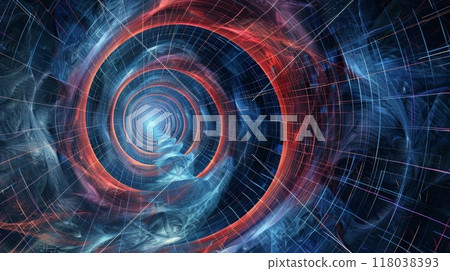 A distorted labyrinth of lines and curves portraying the complex topology of spacetime in the theory 118038393