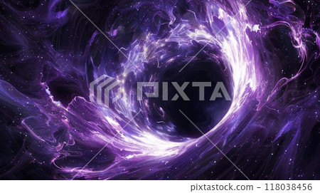 A black hole surrounded by swirling and warping purple threads symbolizing the immense gravitational pull that can distort the fabric of spacetime 118038456